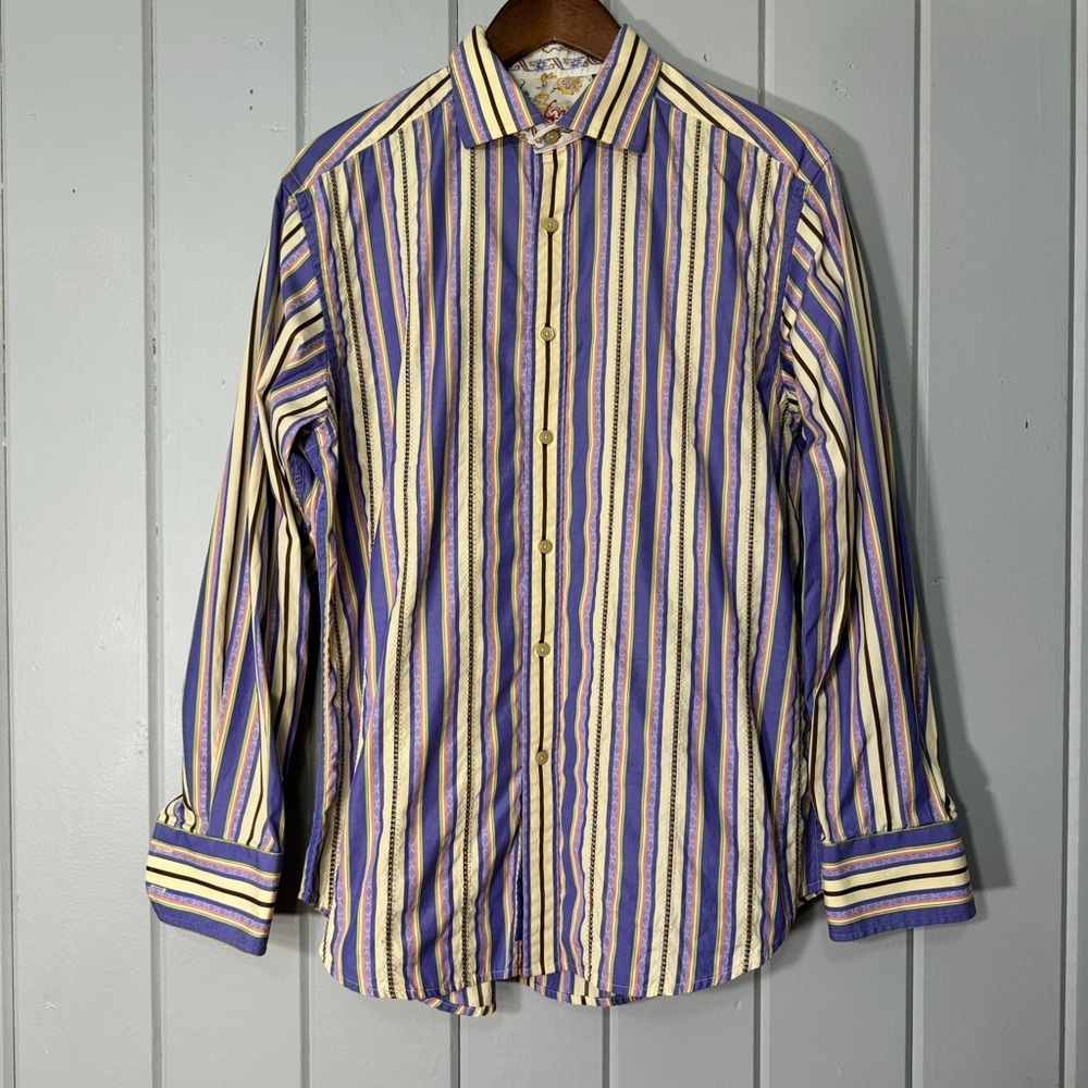 ROBERT GRAHAM‎ Striped Embroidered Button Up Shirt Mens Floral Flip Cuff size L